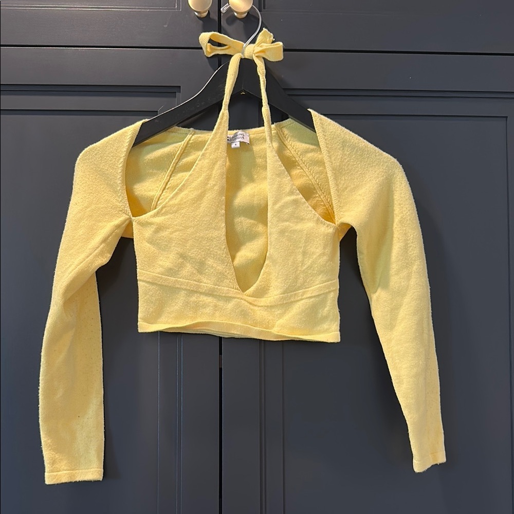Beginning Boutique Yellow Long Sleeve Tie Front Crop Top